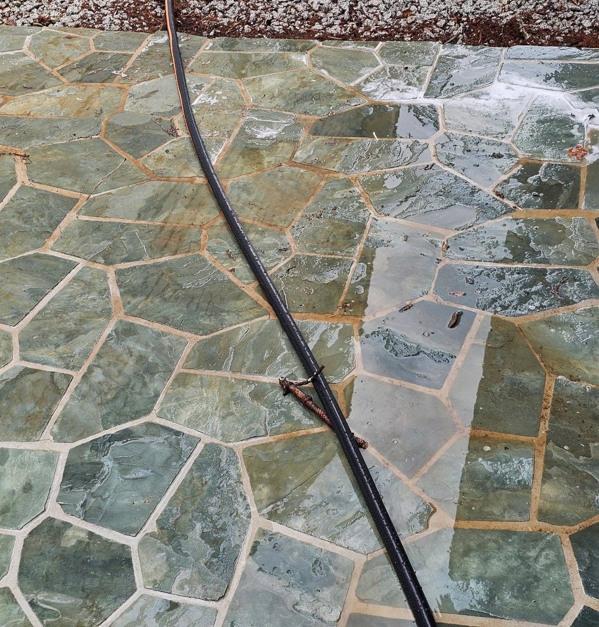 Dull, unwashed flagstone patio before pressure washing