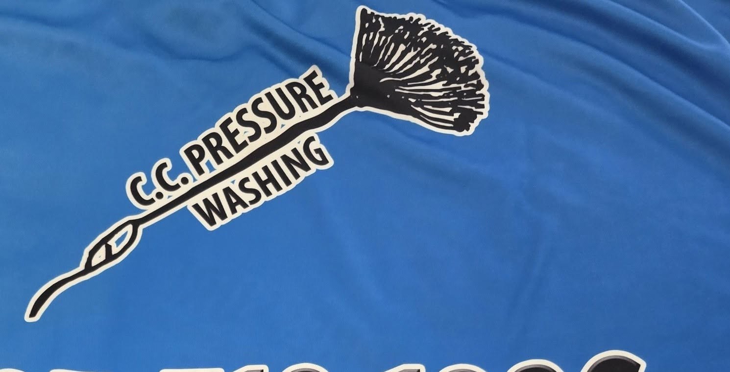 C.C. Pressure Washing logo mark as printed on the crew's work shirts